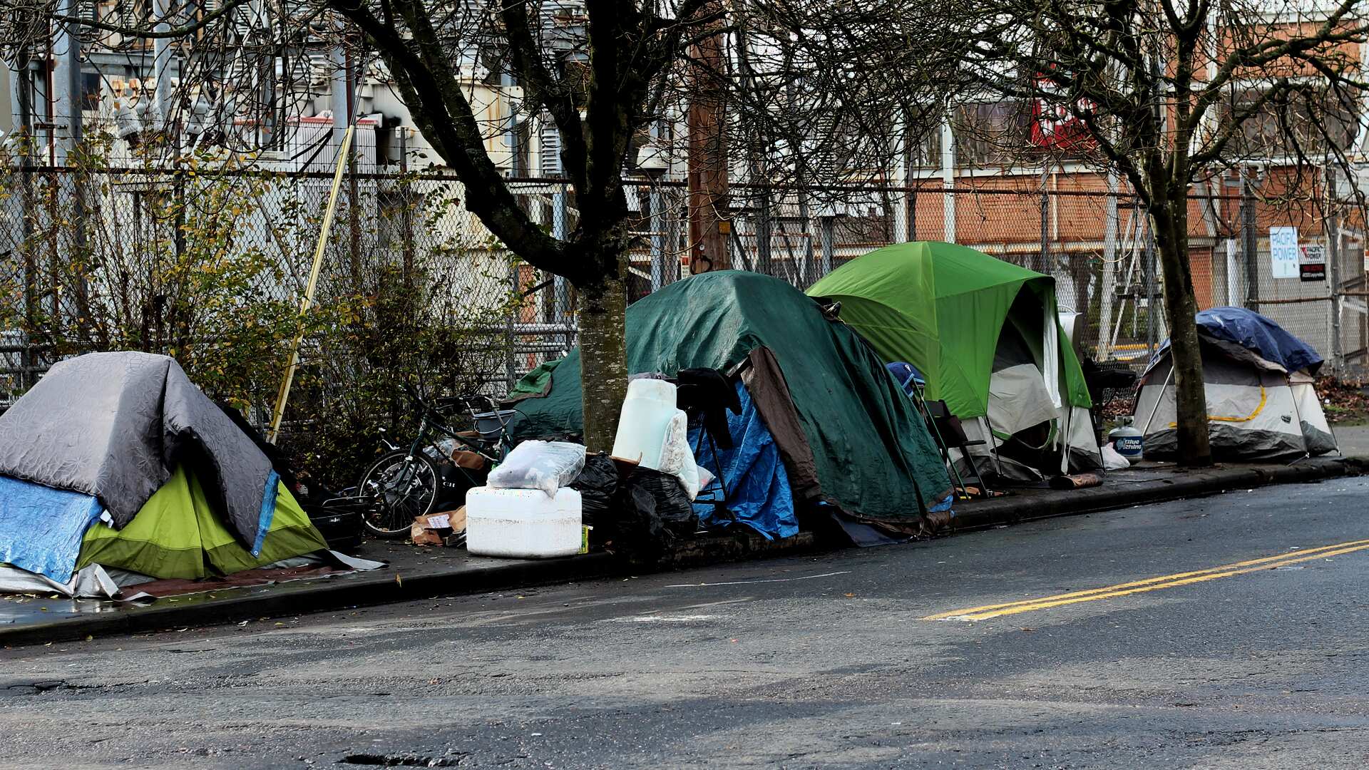 Rainy Portland street lined with tent encampments